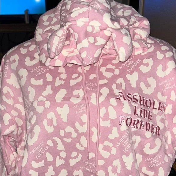 BNIP ASSHOLES LIVE FOREVER PINK LEOPARD HOODIE W/HORNS SMALL - Picture 2 of 8